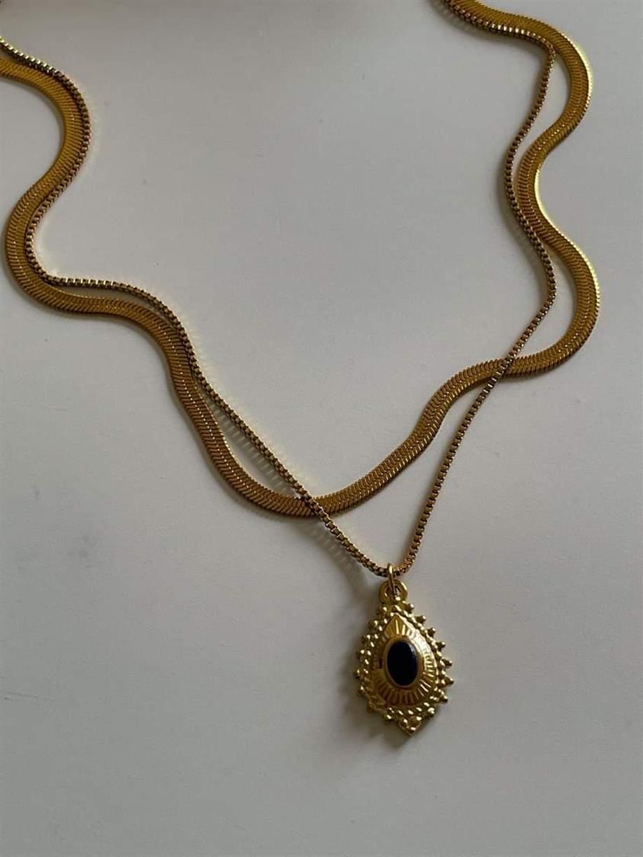 Çelik İtalyan Lacivert Taşlı Vintage İkili Birleşik Olmayan Kombin Kolye (47 Cm)