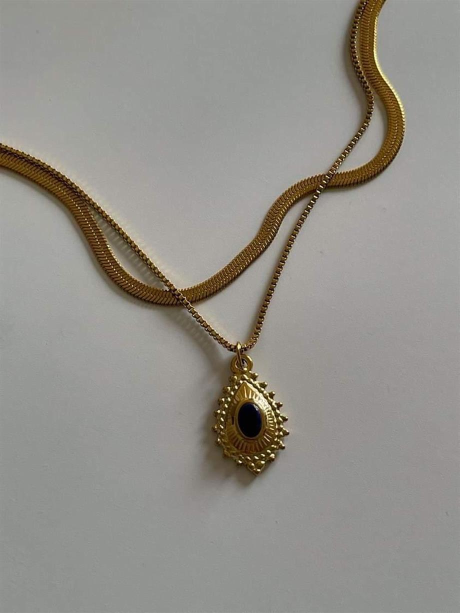 Çelik İtalyan Lacivert Taşlı Vintage İkili Birleşik Olmayan Kombin Kolye (47 Cm)