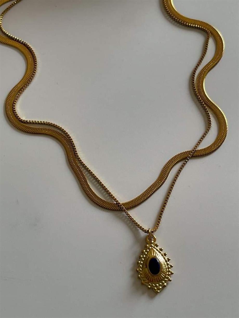 Çelik İtalyan Lacivert Taşlı Vintage İkili Birleşik Olmayan Kombin Kolye (47 Cm)