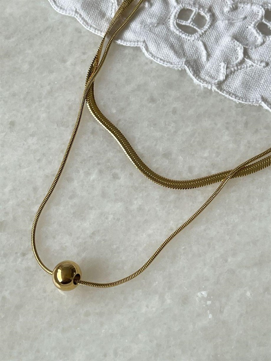 Çelik İtalyan Topçuklu İkili Birleşik Kombin Kolye (40 Cm)