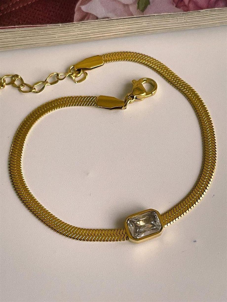 Çelik İtalyan Zincir Baget Taşlı Bileklik (21 Cm)