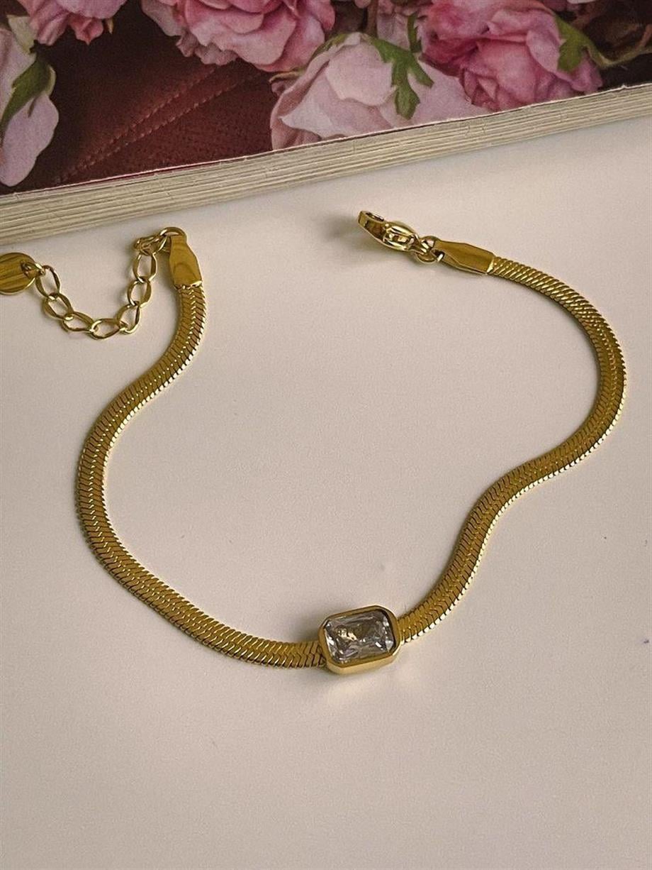 Çelik İtalyan Zincir Baget Taşlı Bileklik (21 Cm)