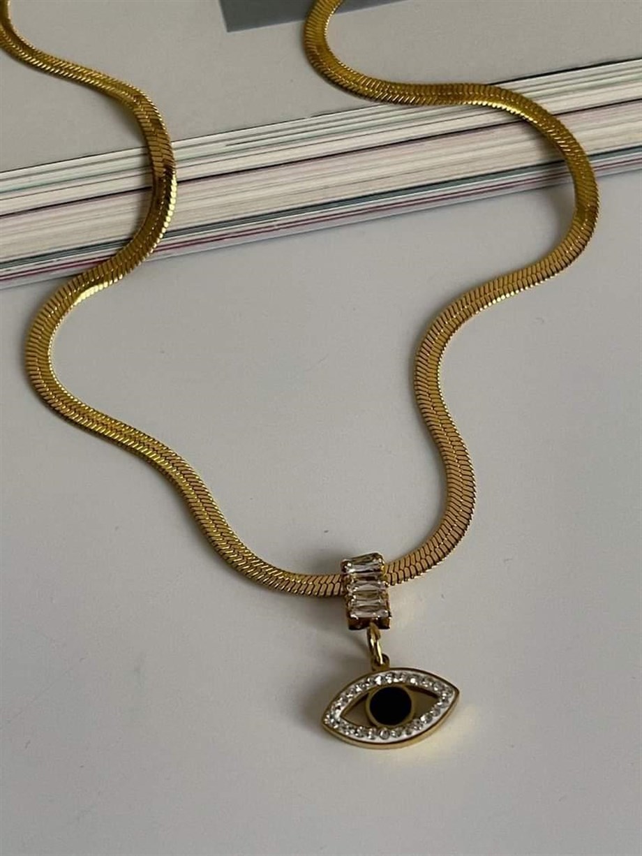 Çelik italyan Zincir Baget Taşlı Göz Detaylı Kolye (45 Cm)