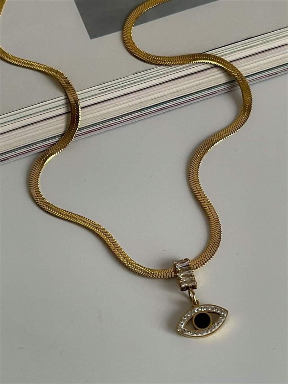 Çelik italyan Zincir Baget Taşlı Göz Detaylı Kolye (45 Cm)