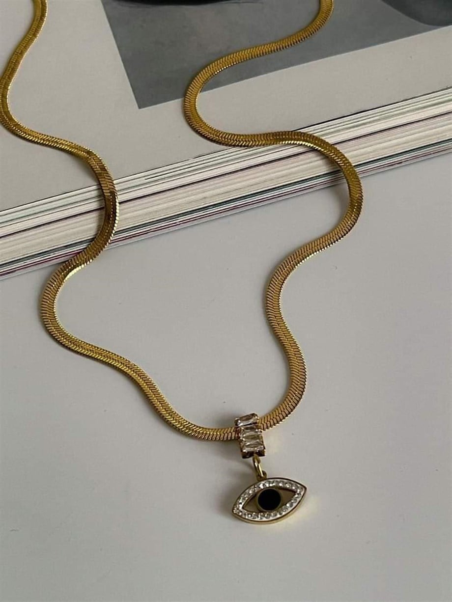 Çelik italyan Zincir Baget Taşlı Göz Detaylı Kolye (45 Cm)