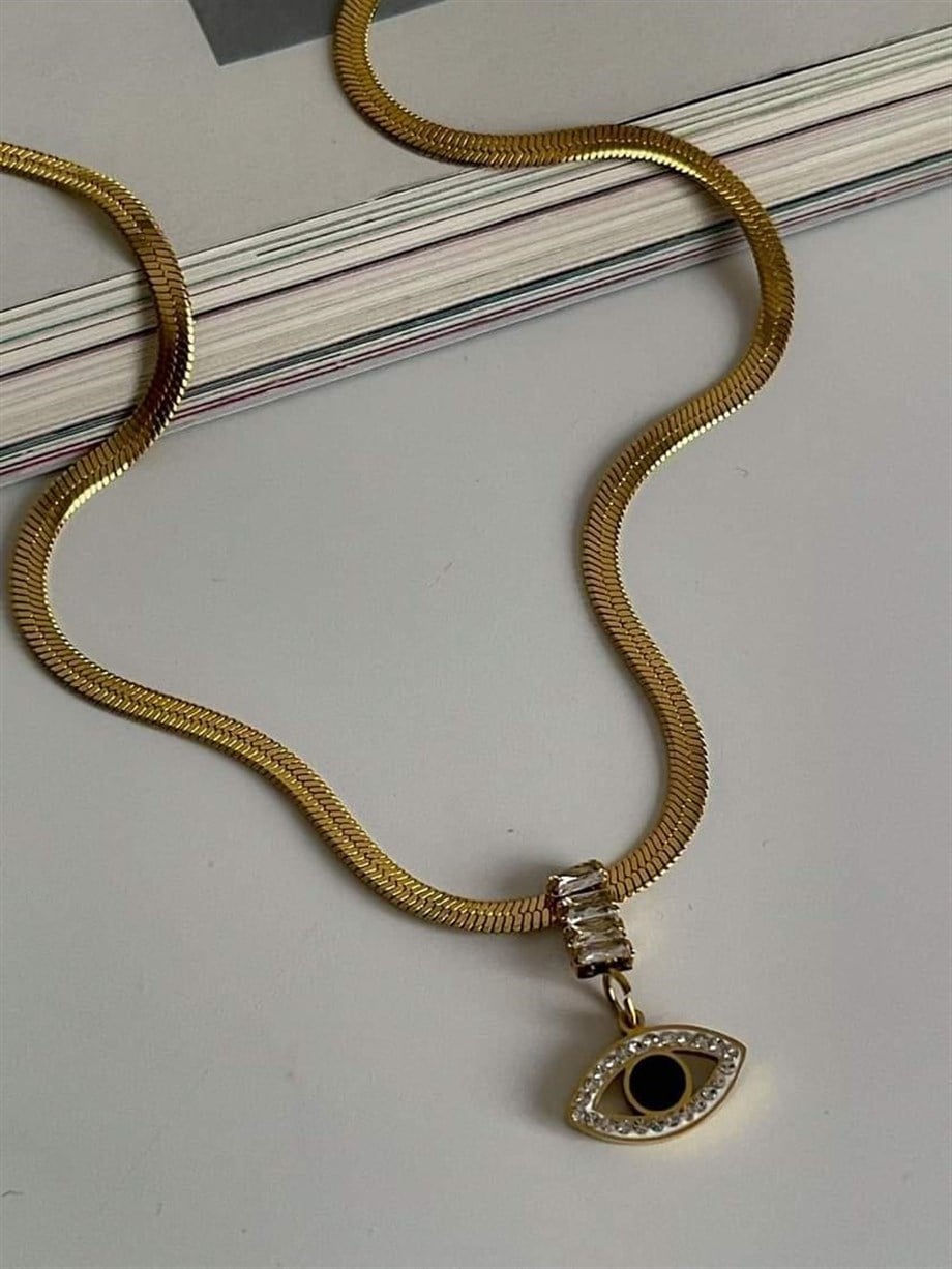Çelik italyan Zincir Baget Taşlı Göz Detaylı Kolye (45 Cm)