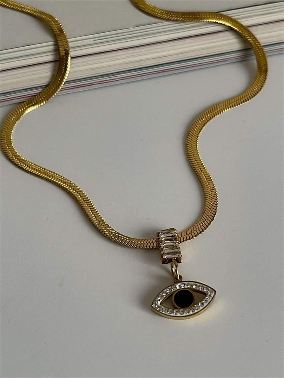 Çelik italyan Zincir Baget Taşlı Göz Detaylı Kolye (45 Cm)