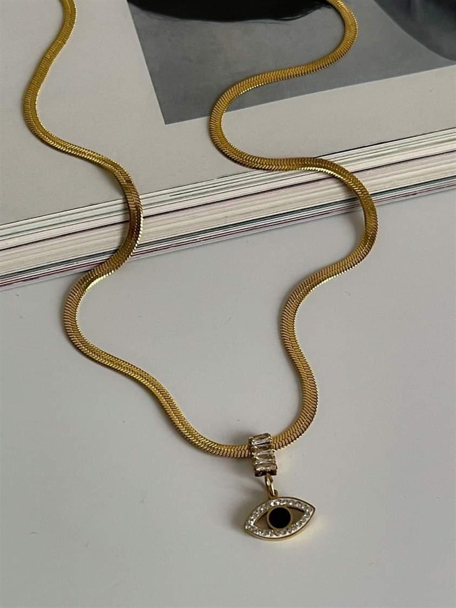 Çelik italyan Zincir Baget Taşlı Göz Detaylı Kolye (45 Cm)