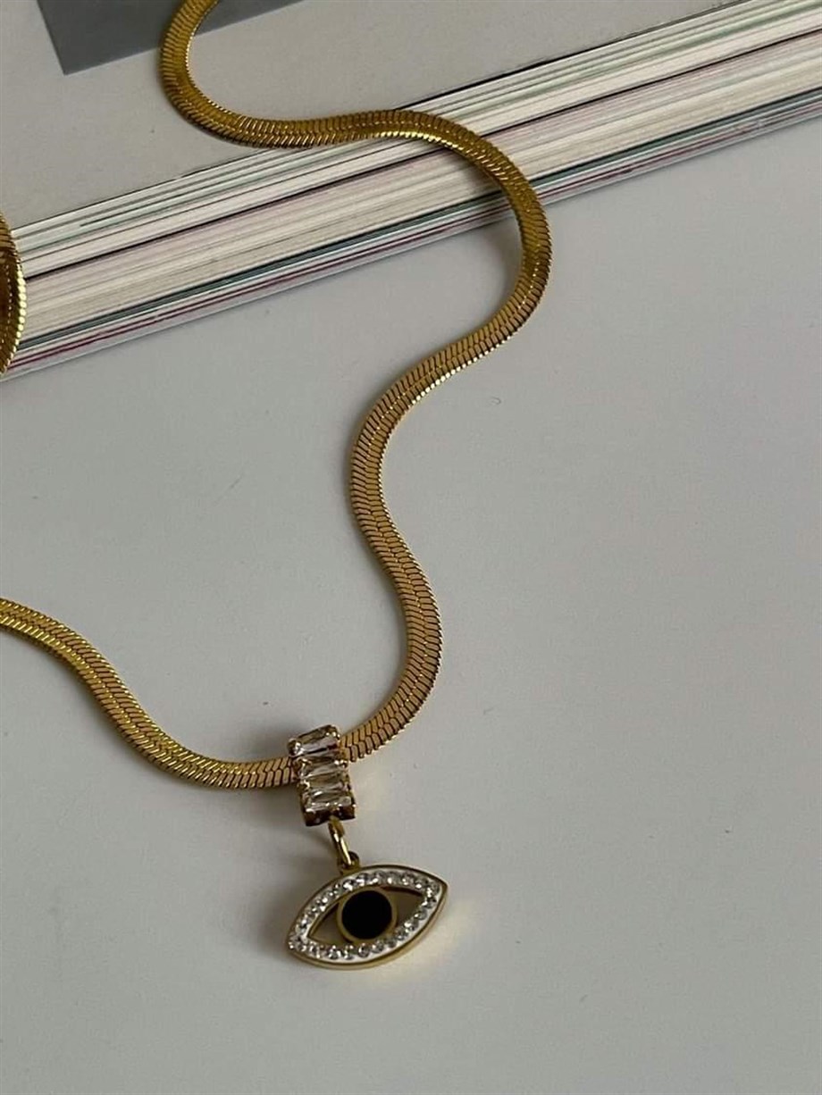 Çelik italyan Zincir Baget Taşlı Göz Detaylı Kolye (45 Cm)