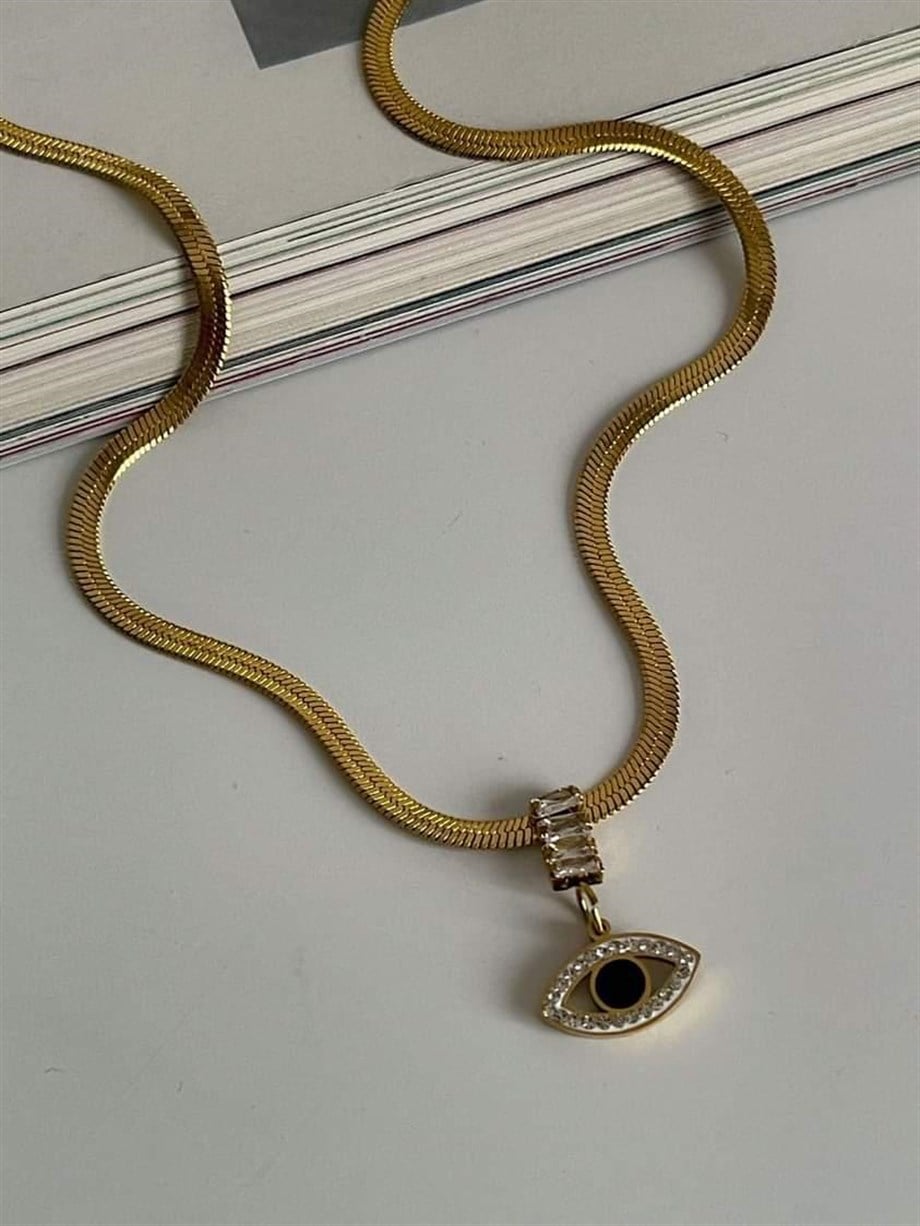 Çelik italyan Zincir Baget Taşlı Göz Detaylı Kolye (45 Cm)
