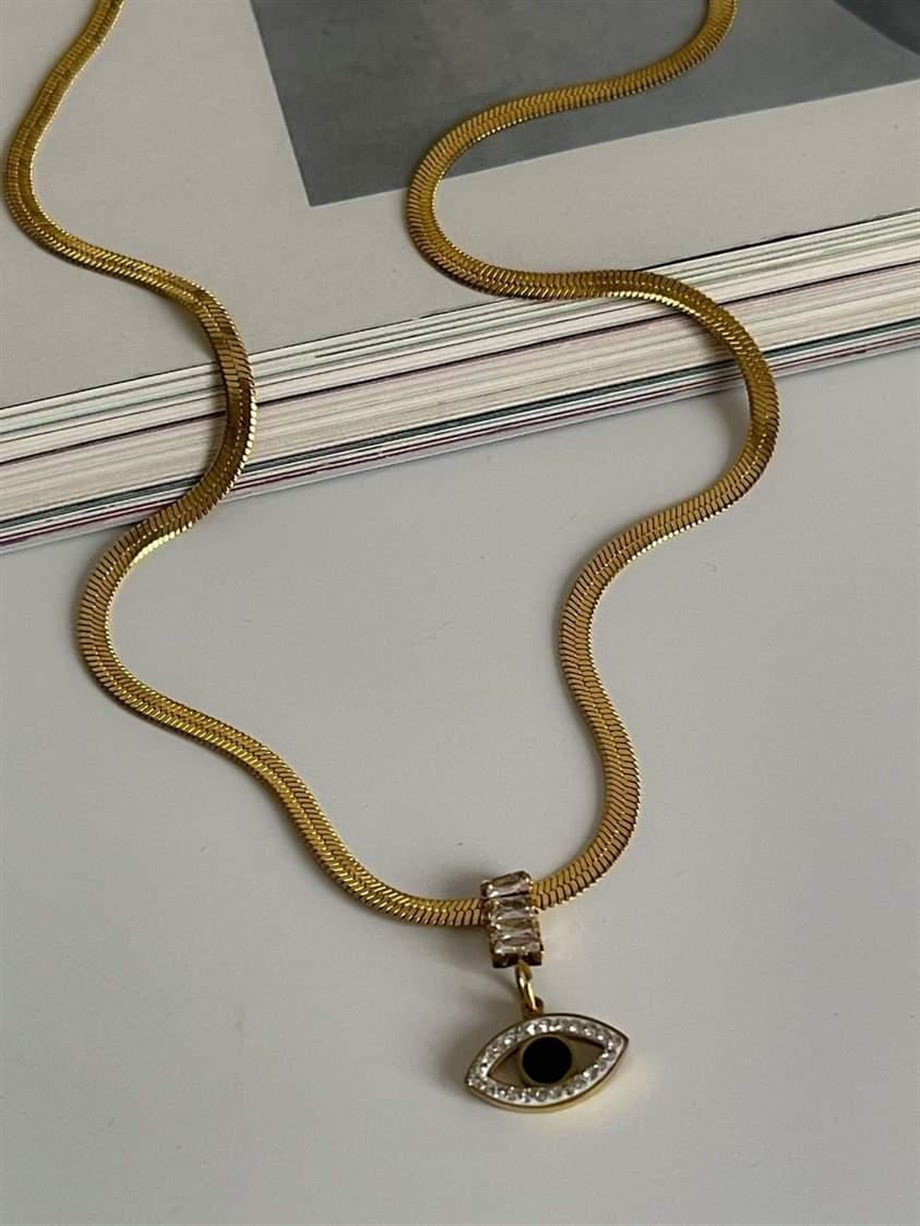 Çelik italyan Zincir Baget Taşlı Göz Detaylı Kolye (45 Cm)