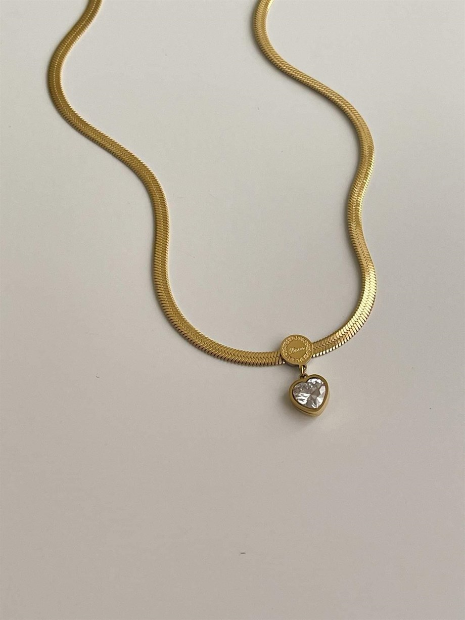 Çelik italyan Zincir Baget Taşlı Kalp Uçlu Kolye (45 Cm)