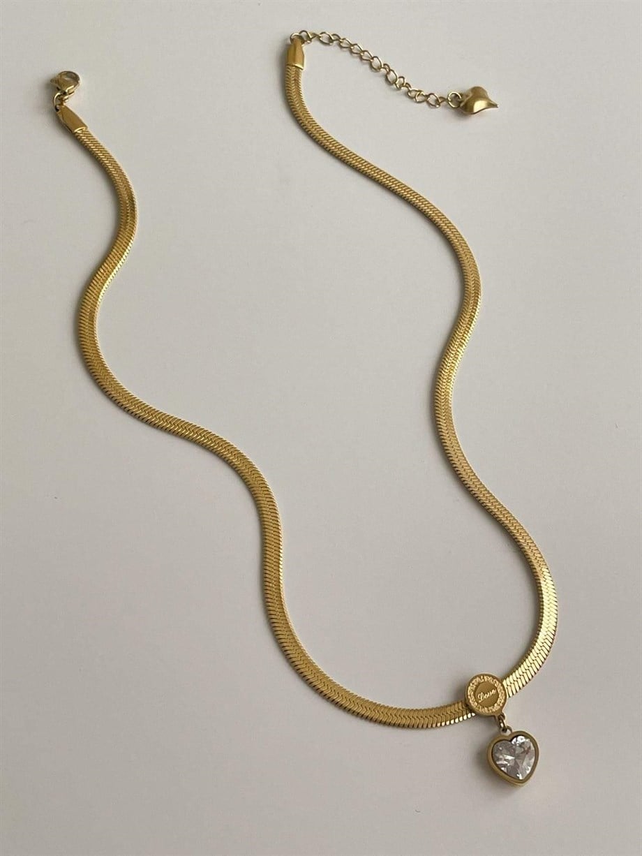 Çelik italyan Zincir Baget Taşlı Kalp Uçlu Kolye (45 Cm)