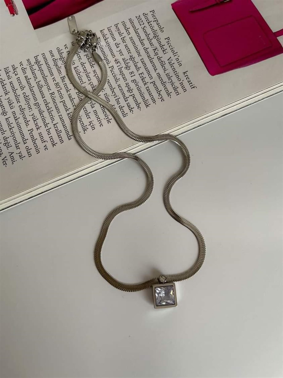 Çelik İtalyan Zincir Baget Taşlı Kolye (45 Cm)