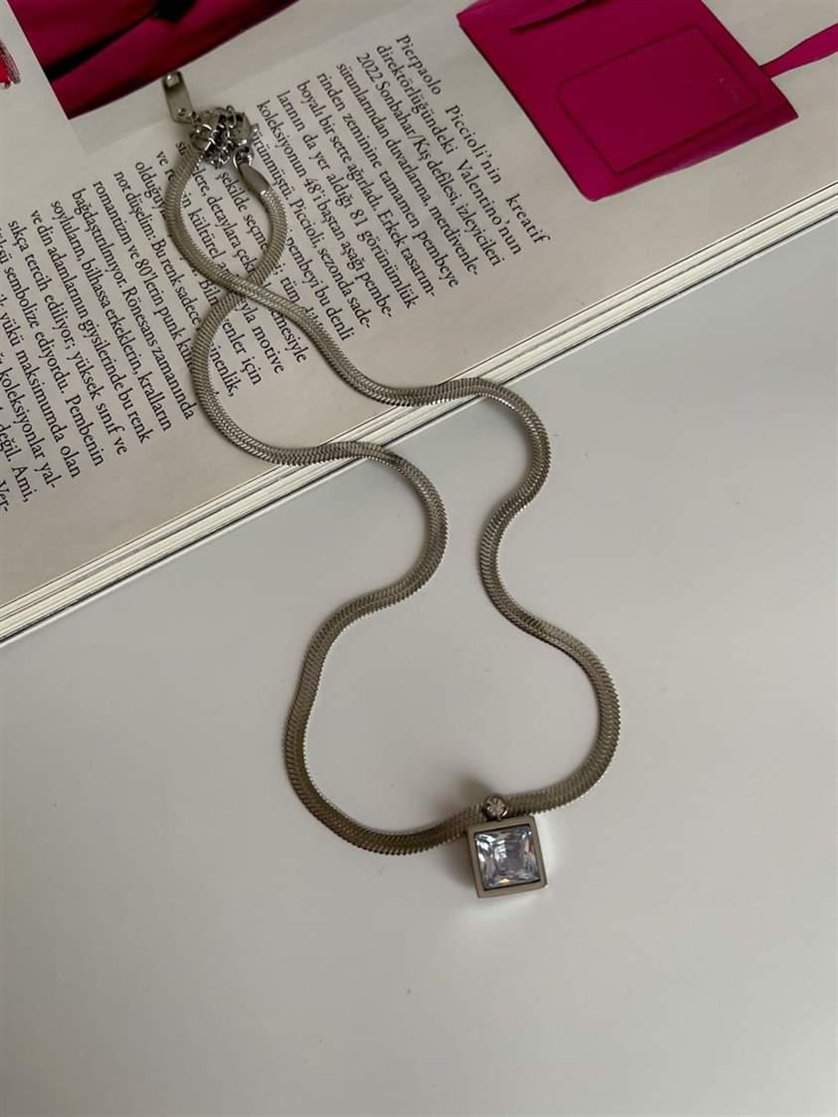 Çelik İtalyan Zincir Baget Taşlı Kolye (45 Cm)