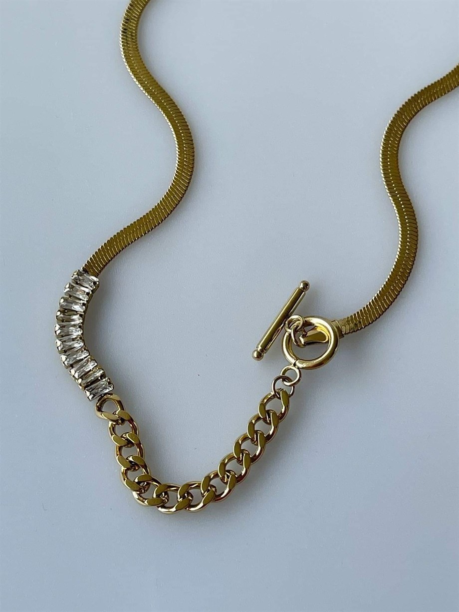 Çelik İtalyan Zincir Baget Taşlı Özel Tasarım Kolye (42 Cm)