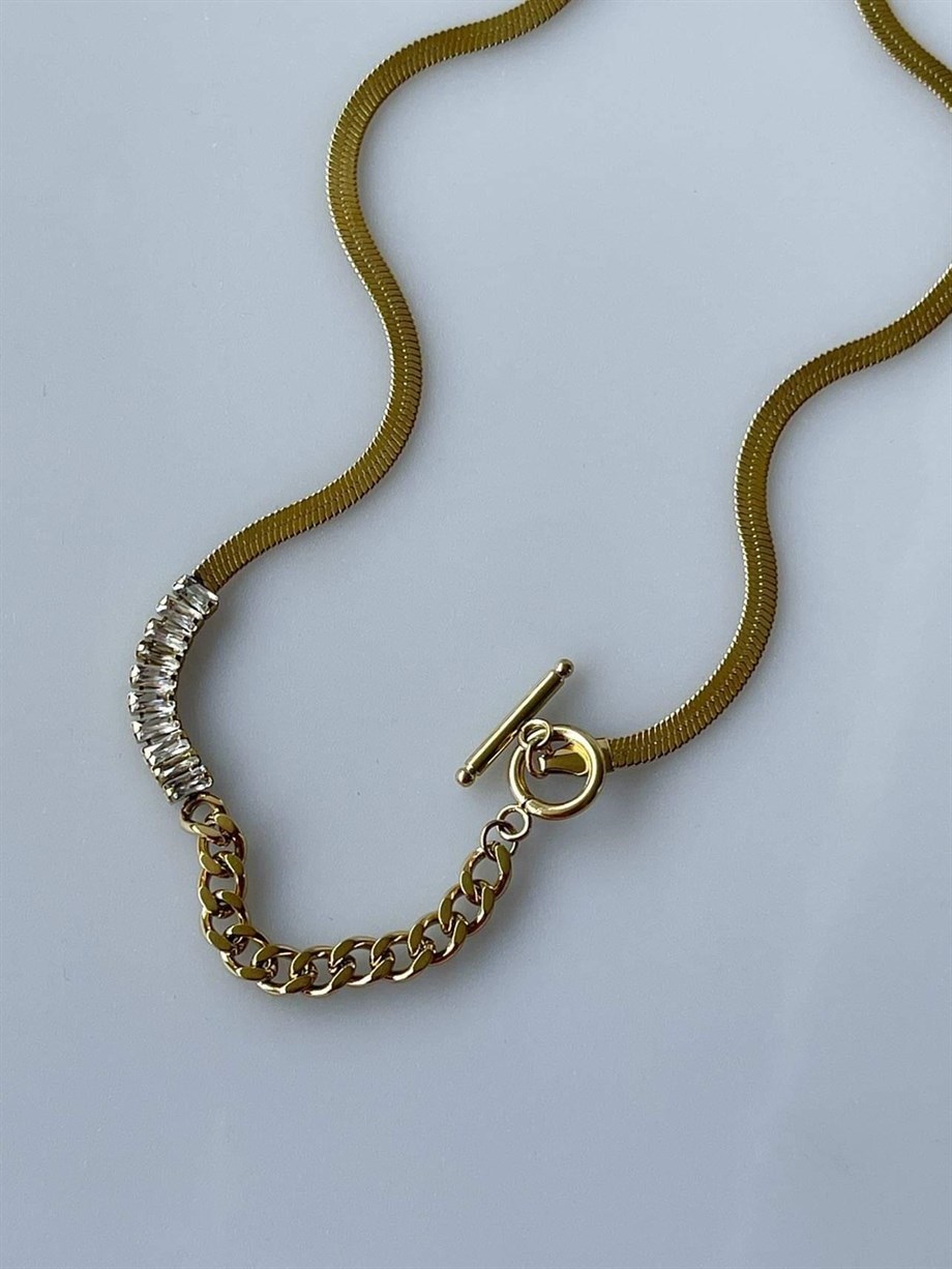 Çelik İtalyan Zincir Baget Taşlı Özel Tasarım Kolye (42 Cm)