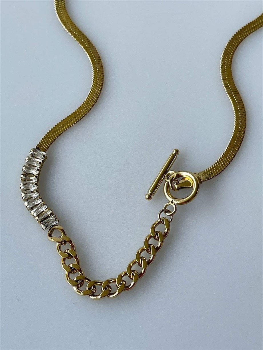Çelik İtalyan Zincir Baget Taşlı Özel Tasarım Kolye (42 Cm)