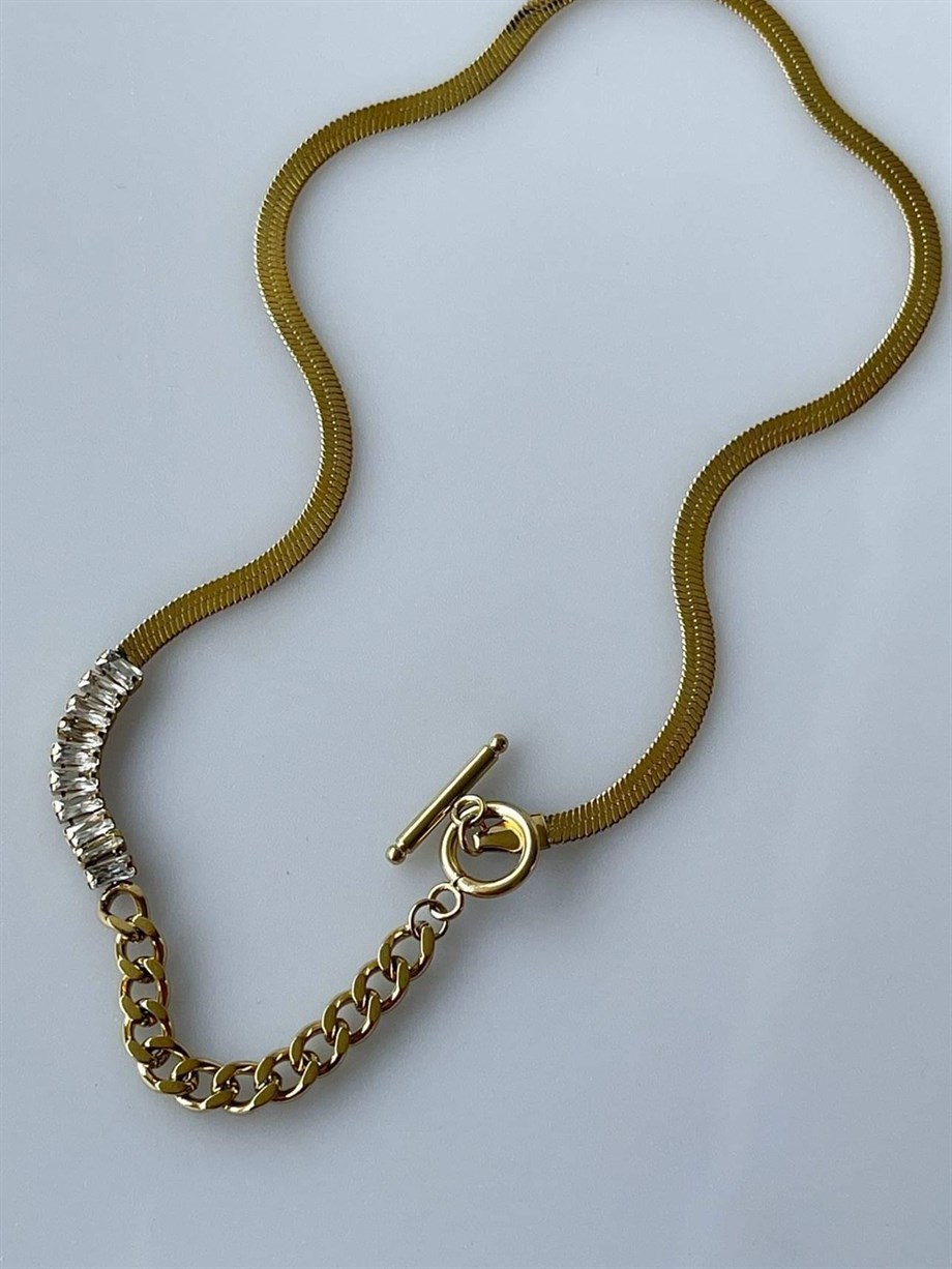 Çelik İtalyan Zincir Baget Taşlı Özel Tasarım Kolye (42 Cm)