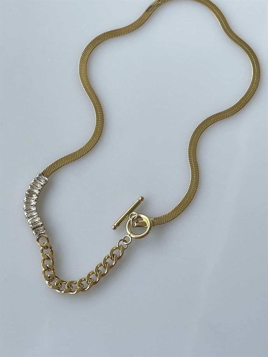 Çelik İtalyan Zincir Baget Taşlı Özel Tasarım Kolye (42 Cm)