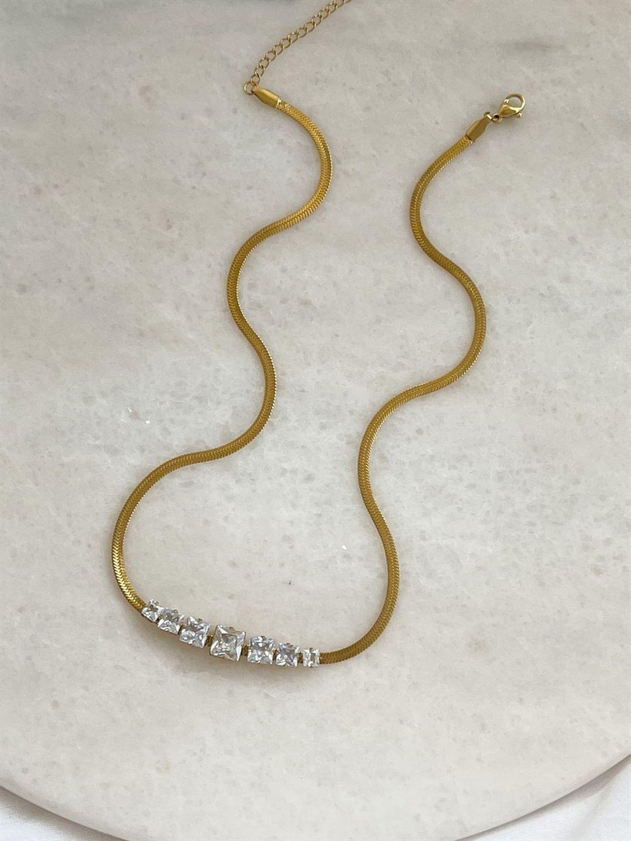 Çelik İtalyan Zincir Beyaz Baget Taşlı Kolye (46 Cm)