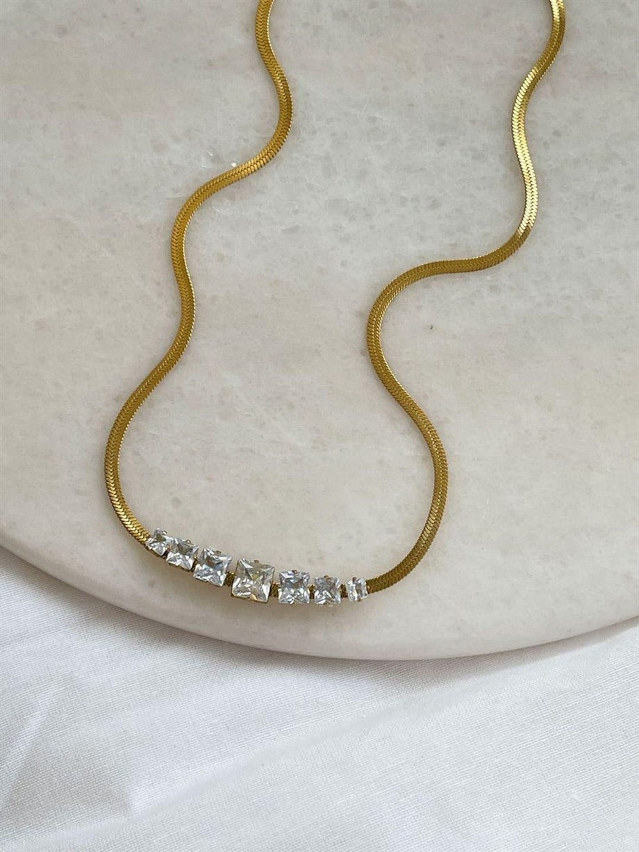Çelik İtalyan Zincir Beyaz Baget Taşlı Kolye (46 Cm)