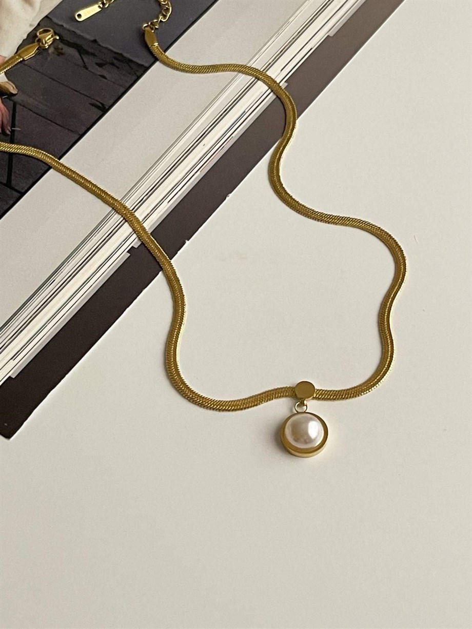Çelik İtalyan Zincir Beyaz İnci Uçlu Kolye (46 Cm)
