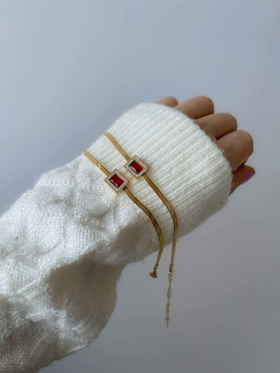 Çelik İtalyan Zincir Bordo Taşlı Göbekli Bileklik (24 Cm)