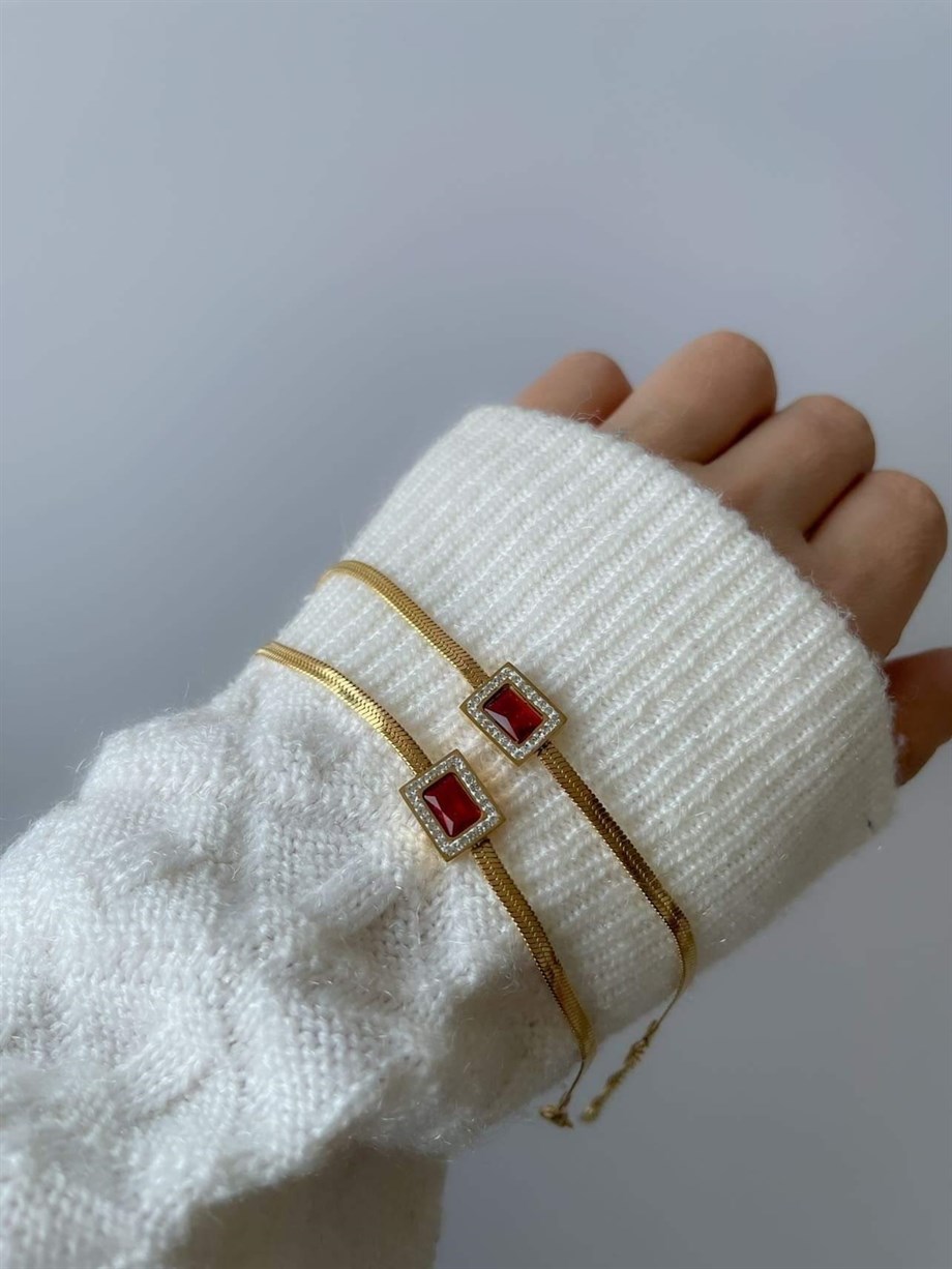 Çelik İtalyan Zincir Bordo Taşlı Göbekli Bileklik (24 Cm)
