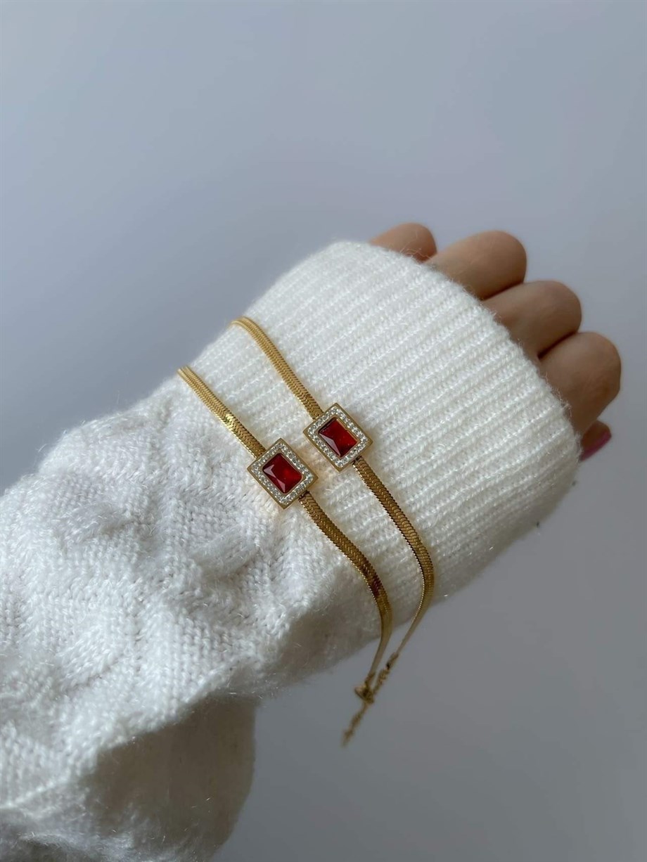 Çelik İtalyan Zincir Bordo Taşlı Göbekli Bileklik (24 Cm)