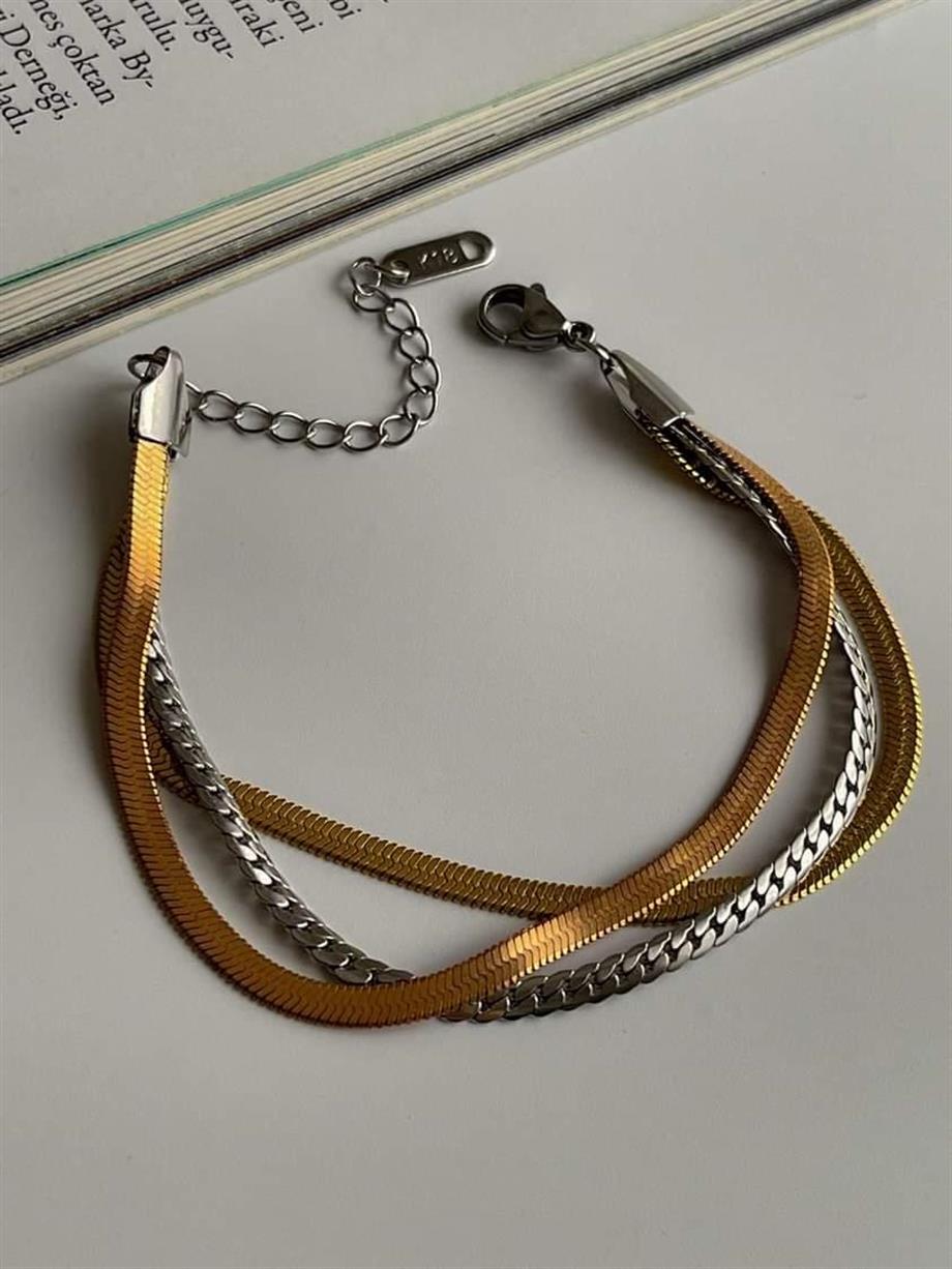 Çelik İtalyan Zincir Karışık Renkli Üçlü Birleşik Kombin Bileklik (22 Cm)