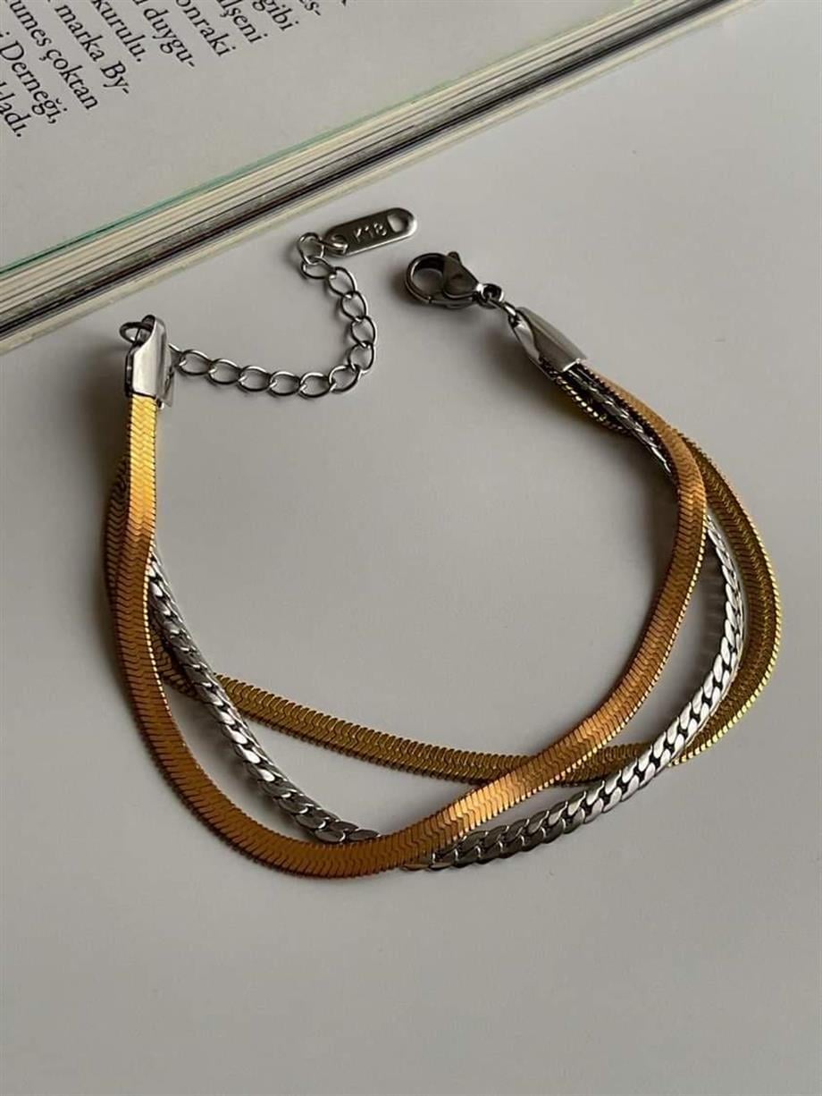 Çelik İtalyan Zincir Karışık Renkli Üçlü Birleşik Kombin Bileklik (22 Cm)
