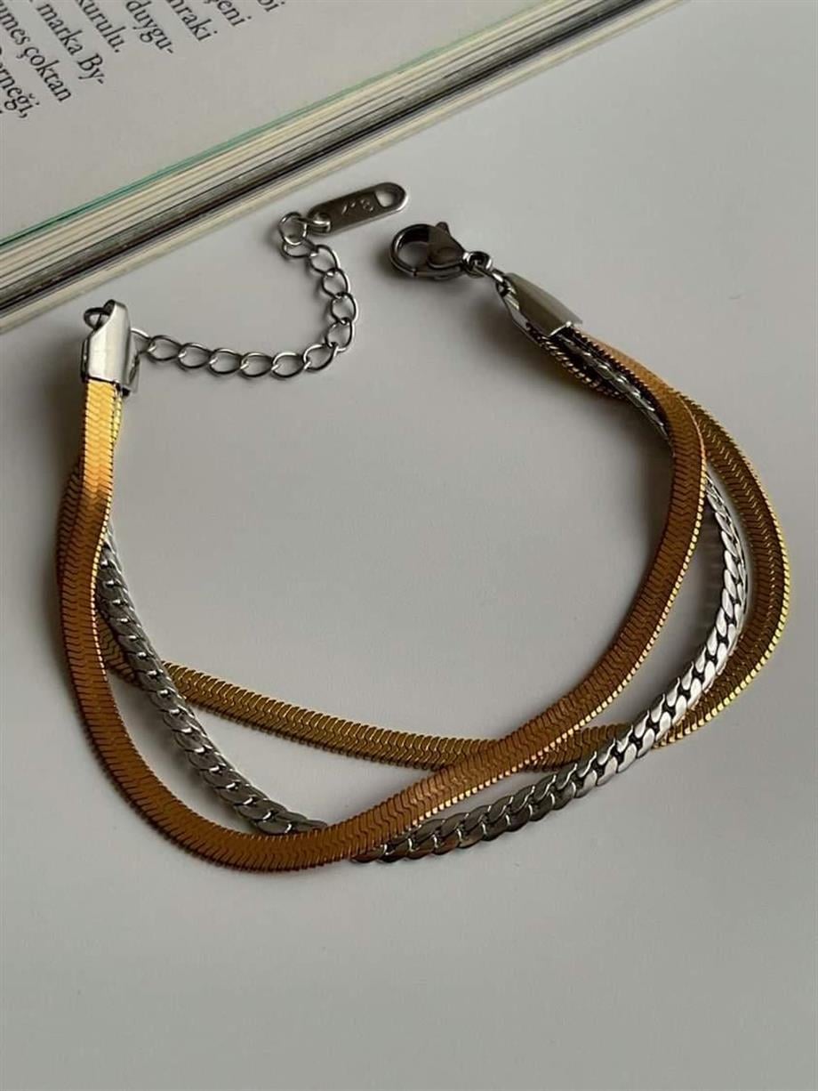 Çelik İtalyan Zincir Karışık Renkli Üçlü Birleşik Kombin Bileklik (22 Cm)