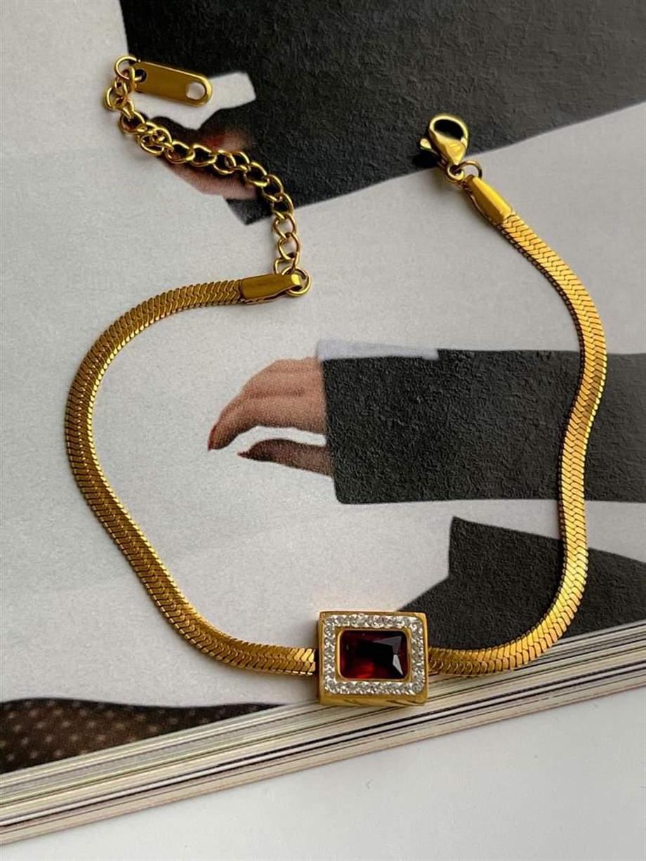Çelik İtalyan Zincir Kırmızı Kare Taşlı Bileklik (24 Cm)