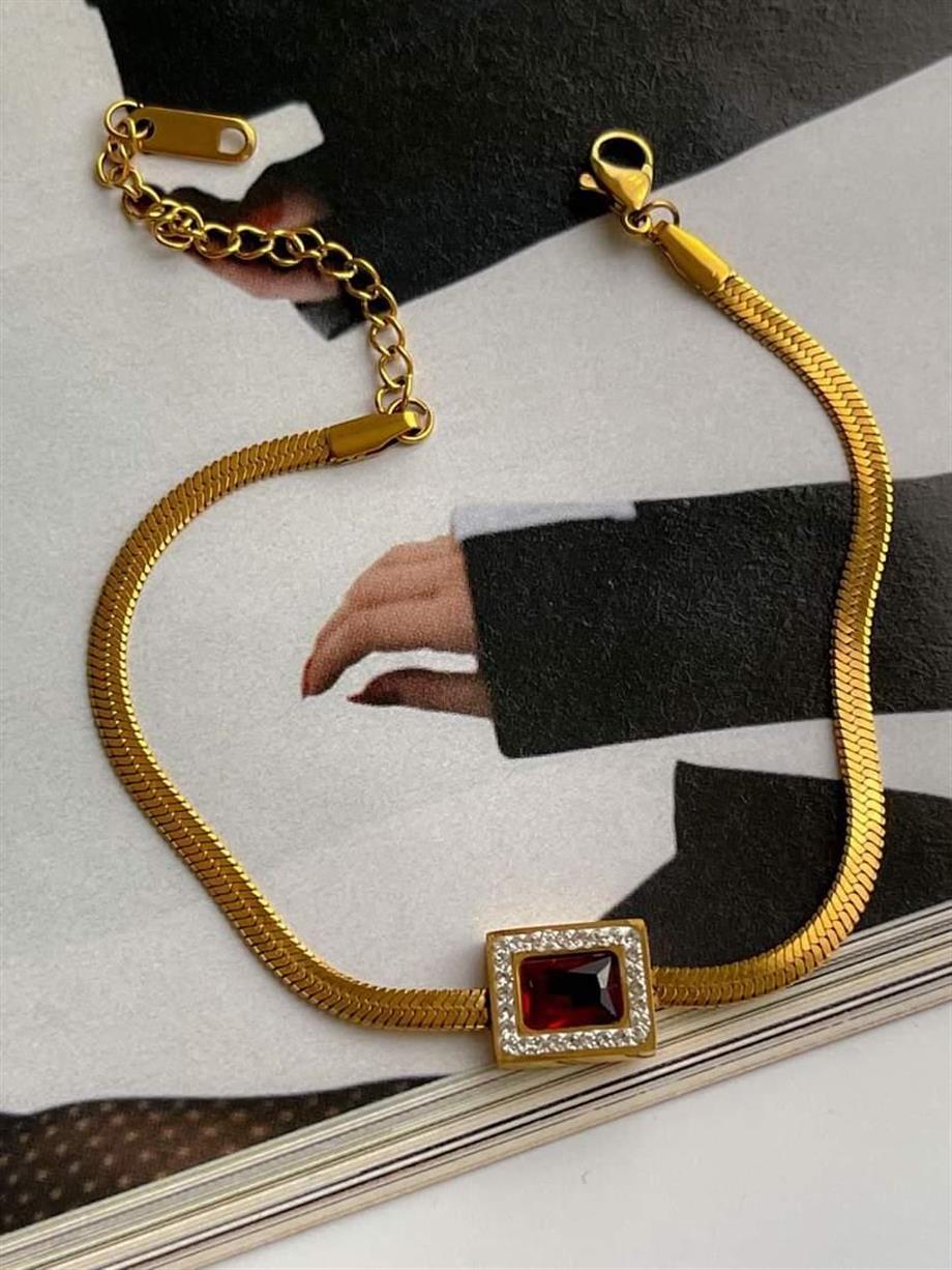 Çelik İtalyan Zincir Kırmızı Kare Taşlı Bileklik (24 Cm)