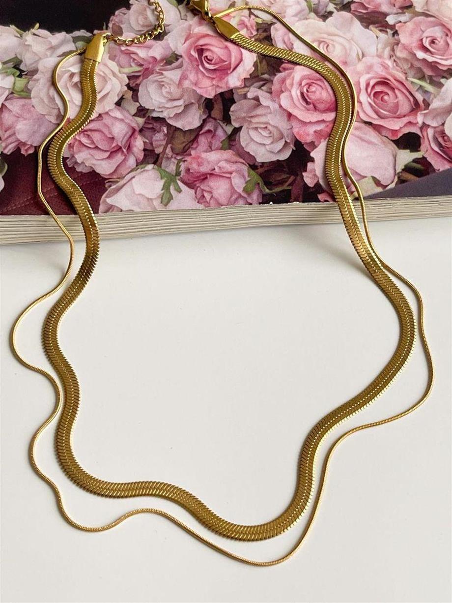 Çelik İtalyan Zincir Snake İkili Birleşik Kombin Kolye (46 Cm)