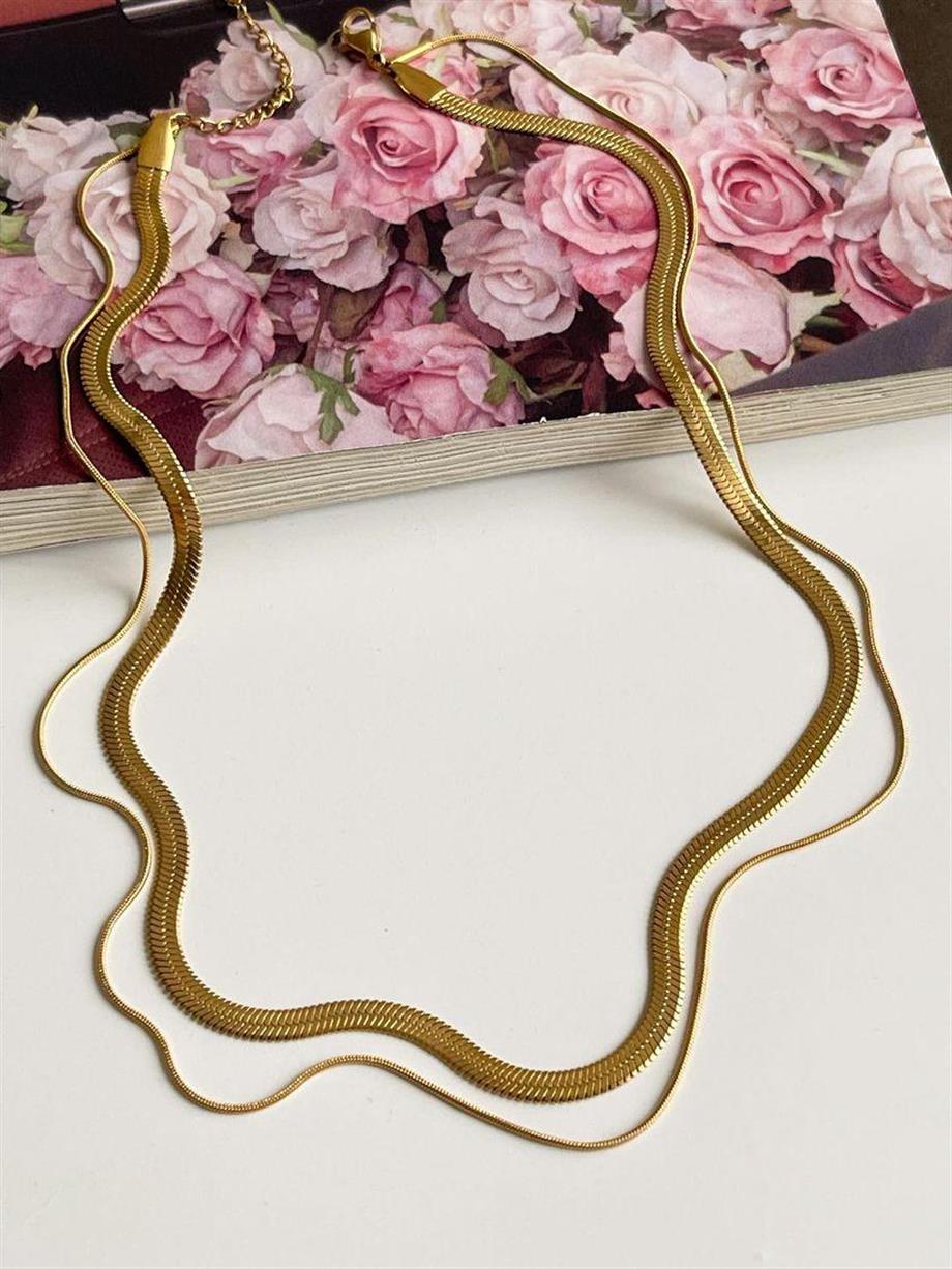 Çelik İtalyan Zincir Snake İkili Birleşik Kombin Kolye (46 Cm)