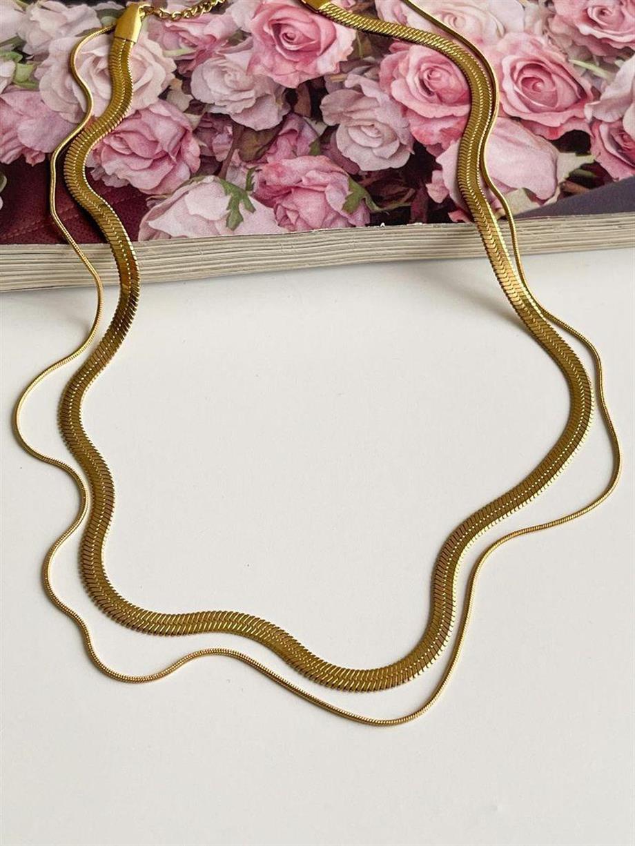 Çelik İtalyan Zincir Snake İkili Birleşik Kombin Kolye (46 Cm)