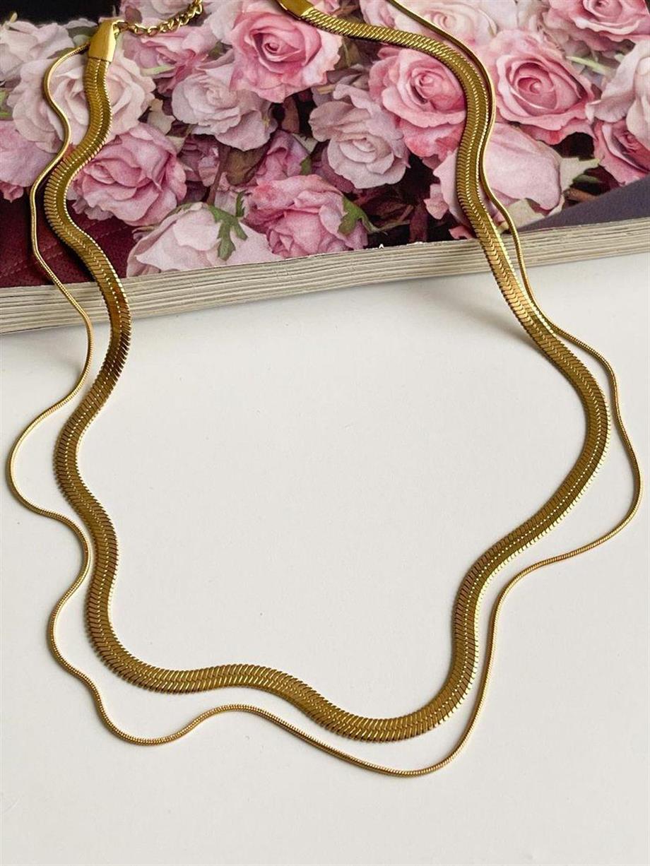 Çelik İtalyan Zincir Snake İkili Birleşik Kombin Kolye (46 Cm)