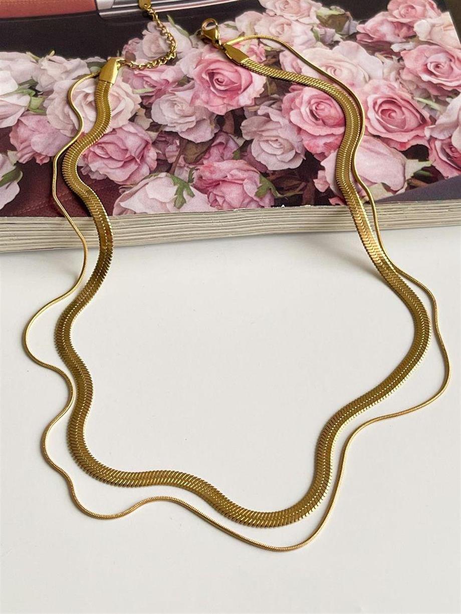 Çelik İtalyan Zincir Snake İkili Birleşik Kombin Kolye (46 Cm)