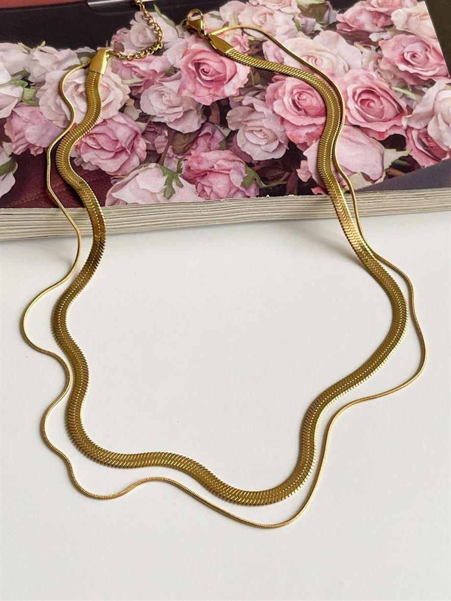 Çelik İtalyan Zincir Snake İkili Birleşik Kombin Kolye (46 Cm)