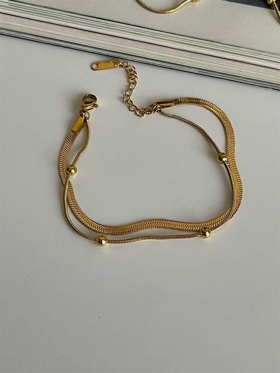 Çelik İtalyan Zincir Topçuklu İkili Birleşik Kombin Bileklik (22 Cm)