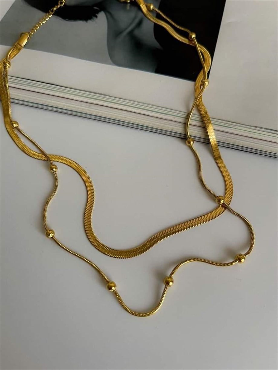 Çelik İtalyan Zincir Topçuklu İkili Birleşik Kombin Kolye (43 Cm)