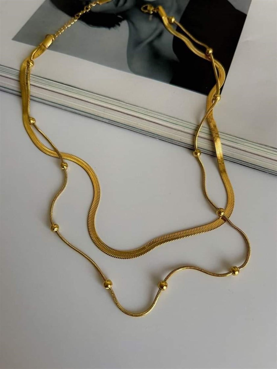 Çelik İtalyan Zincir Topçuklu İkili Birleşik Kombin Kolye (43 Cm)