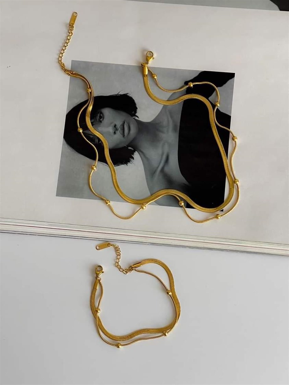 Çelik İtalyan Zincir Topçuklu İkili Birleşik Kombin Bileklik (22 Cm)