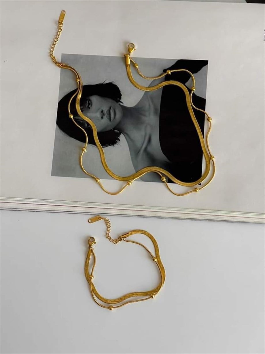 Çelik İtalyan Zincir Topçuklu İkili Birleşik Kombin Bileklik (22 Cm)