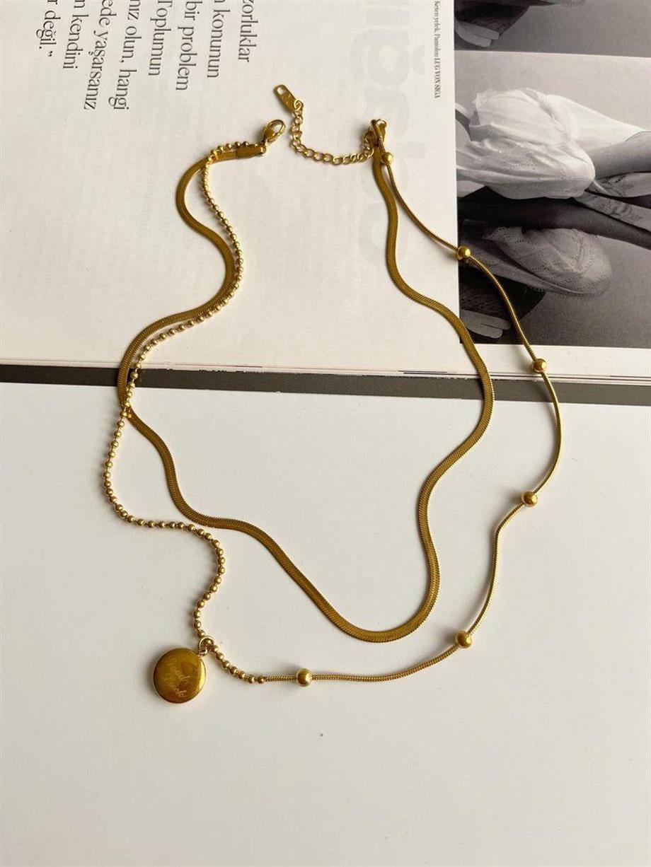 Çelik İtalyan Zincir Topçuklu İkili Birleşik Kombin Kolye (45 Cm)