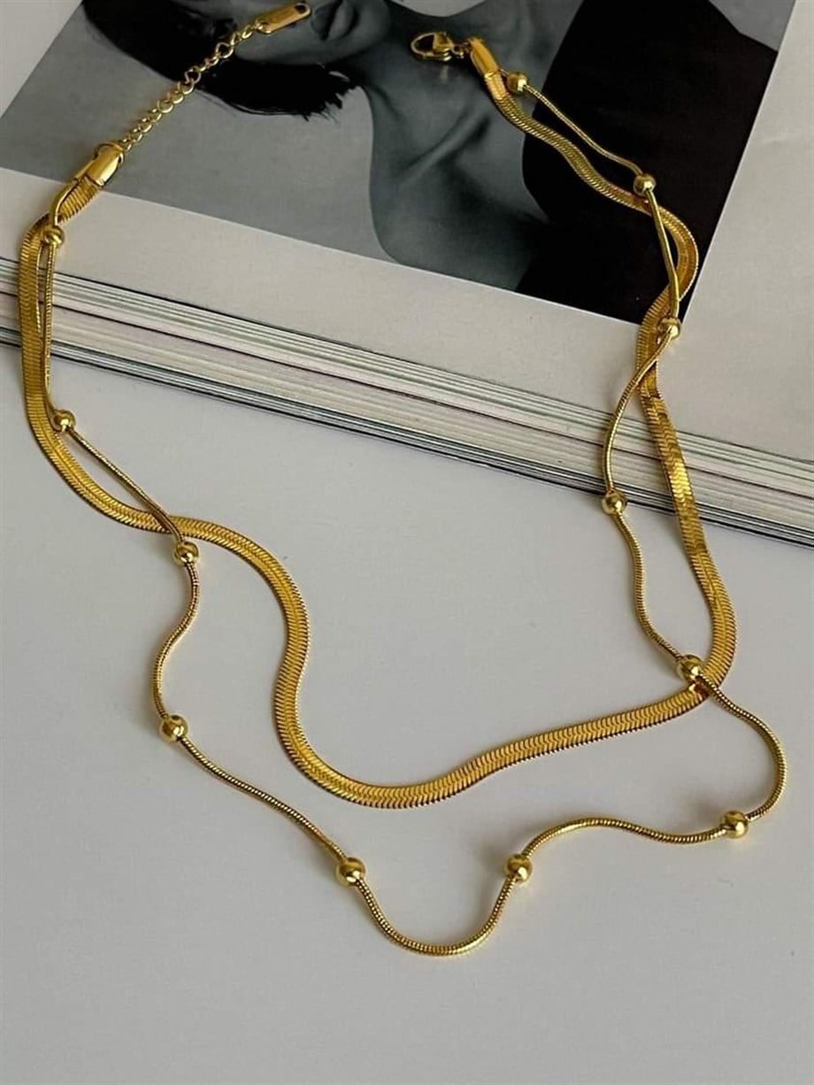 Çelik İtalyan Zincir Topçuklu İkili Birleşik Kombin Kolye (43 Cm)