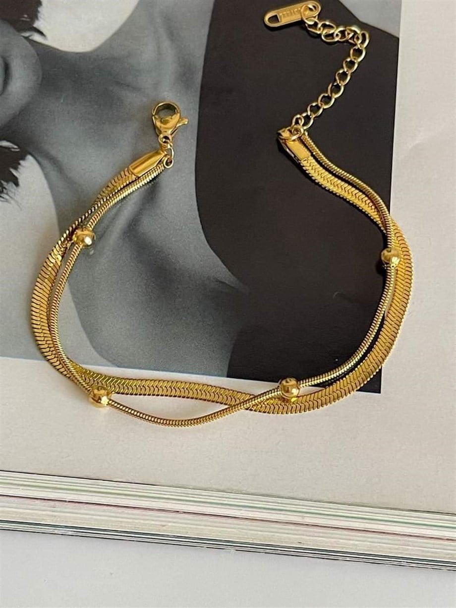 Çelik İtalyan Zincir Topçuklu İkili Birleşik Kombin Bileklik (22 Cm)