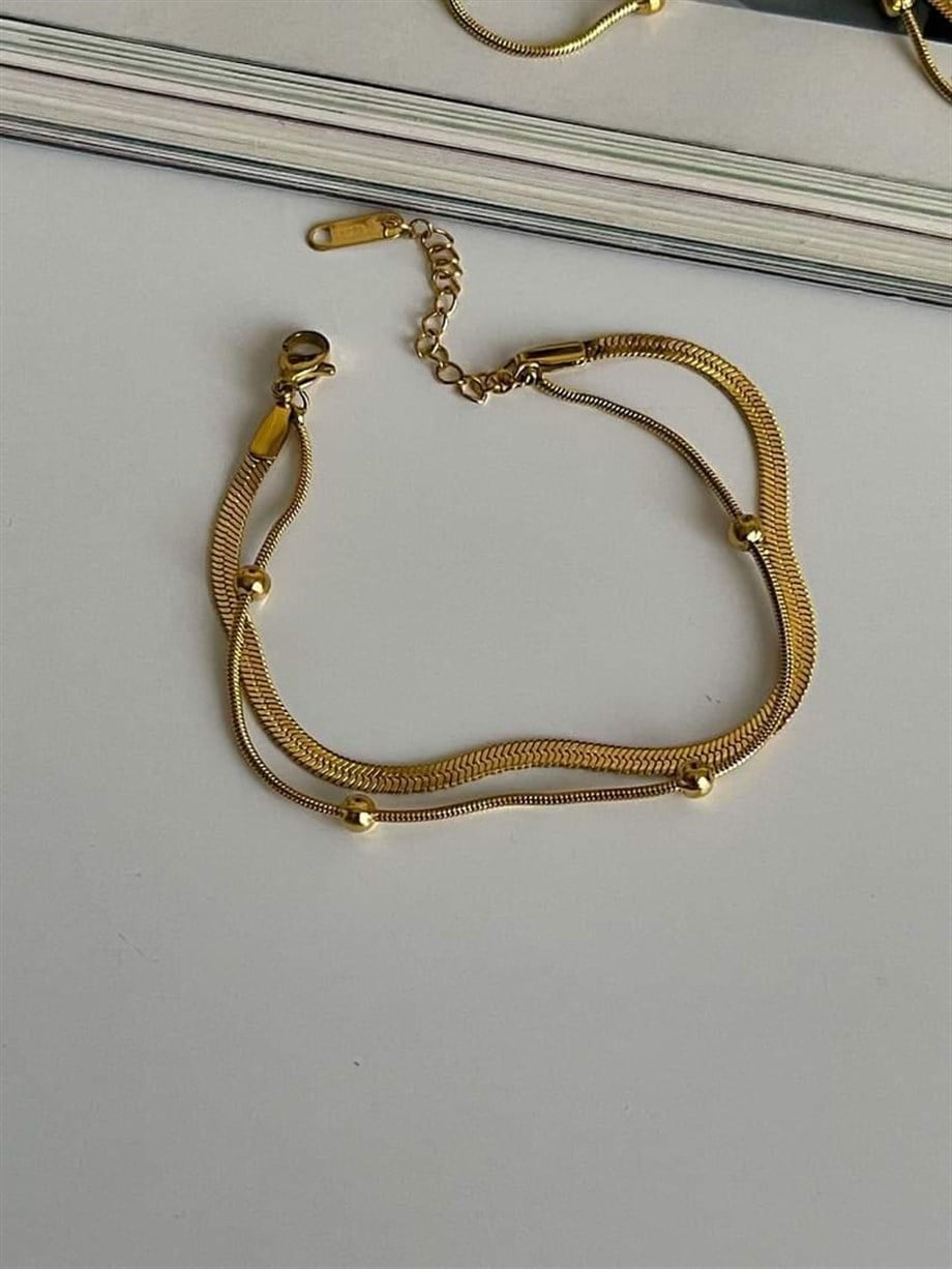 Çelik İtalyan Zincir Topçuklu İkili Birleşik Kombin Bileklik (22 Cm)